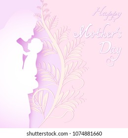Mother and baby with Happy Mother's day text on pink Paper art background, Paper cut illustration