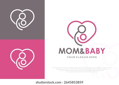 Mother and baby Heart shape Logo design . Medicine Clinic Care Logotype . vector illustration