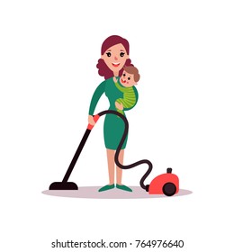 Mother with baby in her arms cleaning the floor with vacuum cleaner, super mom concept vector Illustration