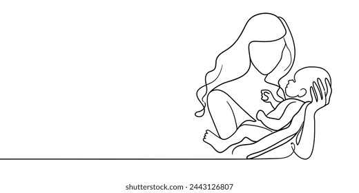 Mother with baby in her arms continuous line art drawing isolated on white background. Happy mother minimal line art. First birthday line art. Vector illustration