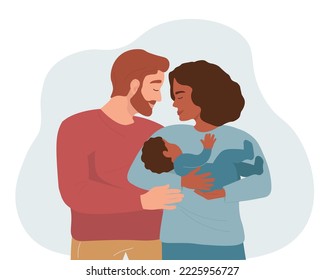 A mother with a baby in her arms and a father hugging. Happy loving family. Vector graphics.