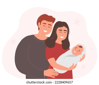 A mother with a baby in her arms and a father hugging. Happy loving family. Vector graphics.