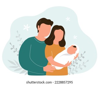 A mother with a baby in her arms and a father hugging. Happy loving family. Vector graphics.