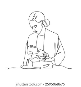 A mother with a baby in her arms. Happy Mother's Day. Line art. Vector illustration.