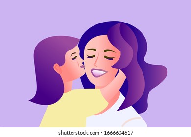 Mother with a baby in her arms. Mom and daughter are hugging. Daughter congratulates on mother's day. Poster in a flat style on a white background.