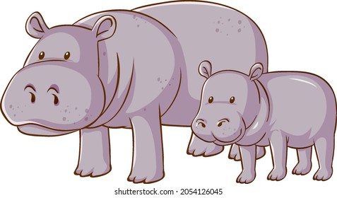 Mother and baby hippopotamus cartoon on white background illustration