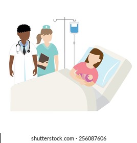 Mother And Baby In Hospital Bed With Doctor And Nurse