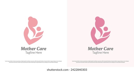 Mother baby hug logo design illustration. Silhouette of mother holding baby child happy cheerful cuddle help support care. Minimal icon symbol gentle mellow affection hope family parent grateful.