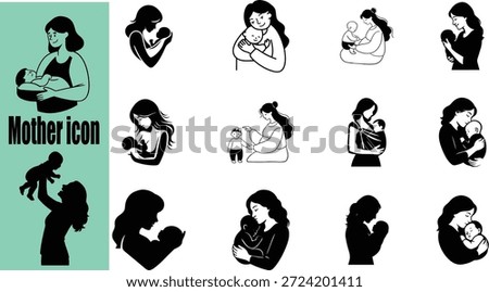 Mother and Baby Icon Set Vector , Motherhood Silhouette Icons Vector , Mom and Baby Love Icons Collection , Breastfeeding and Mother Care Icons Vector ,Mother and Child Silhouette Set ,
