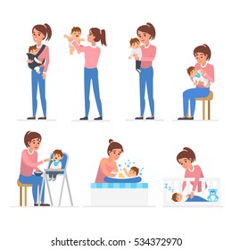 Mother and baby illustration collection. Baby feeding, playing, bathing, sleeping. Vector illustrations.