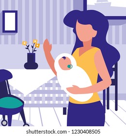 Mother with baby inside home design