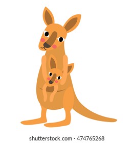 Mother and baby kangaroo animal cartoon character isolated on white background.