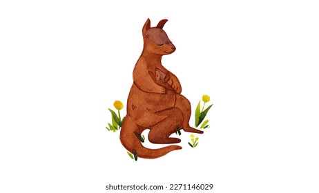 A mother and baby kangaroo. Small kangaroos hugging among flowers. Animals painted with watercolors. Vector illustration cartoon animals isolated on white.