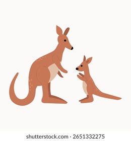 Mãe e bebê cangurus em uma ilustração de estilo plano. Fundo branco, isolar