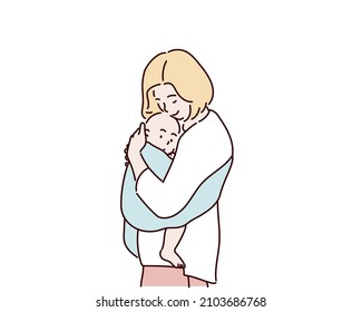 Mother and Baby kissing and hugging. Happy Family. Hand drawn style vector design illustrations.
