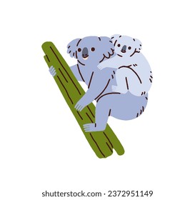 Mother and baby koala bears. Cute funny mom and kid, Australian animal family. Adorable wild mommy and child on tree branch in Australia. Flat vector illustration isolated on white background