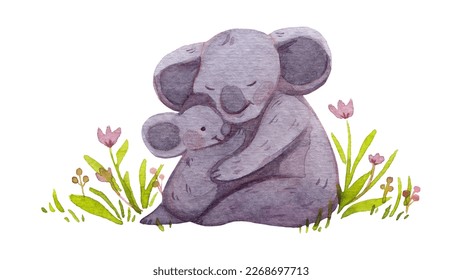 Eine Mutter und ein Baby Koala. Kleine Koalas, die zwischen Blumen umarmt sind. Tiere mit Aquarellfarben bemalt. Vektorgrafik-Cartoon-Tiere einzeln auf Weiß.