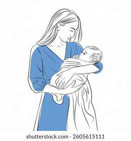 Mother with baby line art logo. Vector line art llustration of mother with baby on white background
