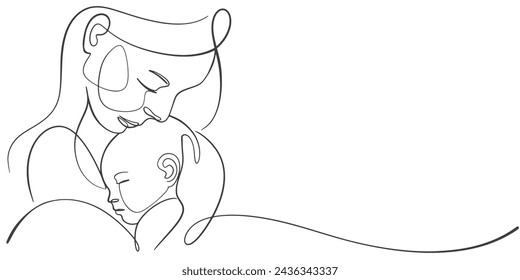 Mother and baby line art. Mom hugs child. Motherhood and newborn concept. Happy mother line vector illustration. Parent loving kid, happy mother day design for card