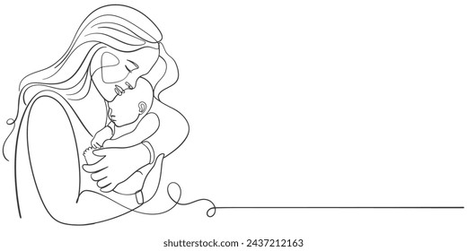 Mother and baby line art. Mom hugs child. Motherhood and newborn concept. Happy mother line vector illustration. Parent loving kid, happy mother day design for card