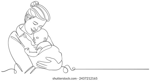 La madre y el bebé arte de línea. Mamá abraza al niño. La maternidad y el concepto del recién nacido. Feliz línea madre ilustración vectorial. Niño que ama a los padres, diseño feliz del día de la madre para la tarjeta