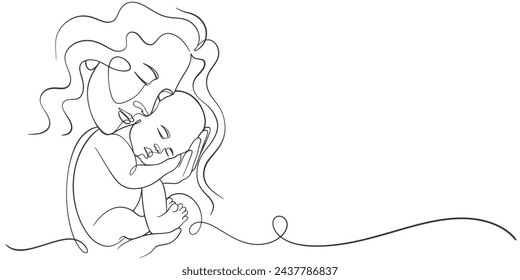 Mother and baby line art. Mom hugs child. Motherhood and newborn concept. Happy mother line vector illustration. Parent loving kid, happy mother day design for card