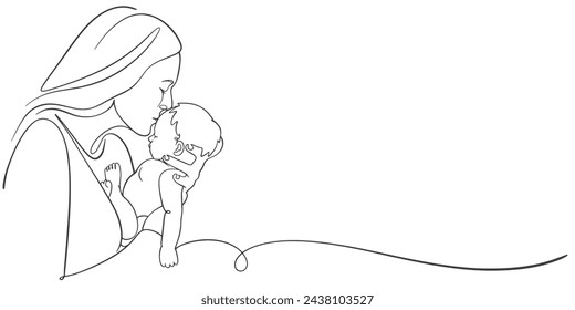 Mother and baby line art. Mom hugs child. Motherhood and newborn concept. Happy mother line vector illustration. Parent loving kid, happy mother day design for card