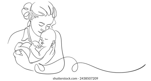 Mother and baby line art. Mom hugs child. Motherhood and newborn concept. Happy mother line vector illustration. Parent loving kid, happy mother day design for card