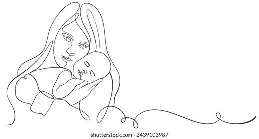 La madre y el bebé arte de línea. Mamá abraza al niño. La maternidad y el concepto del recién nacido. Feliz línea madre ilustración vectorial. Niño que ama a los padres, diseño feliz del día de la madre para la tarjeta