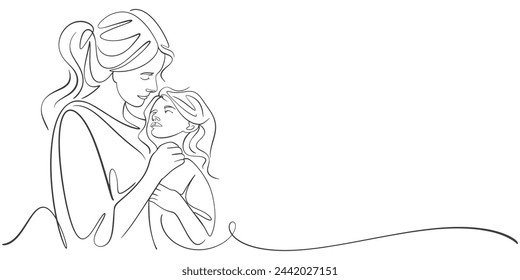 La madre y el bebé arte de línea. Mamá abraza al niño. La maternidad y el concepto del recién nacido. Feliz línea madre ilustración vectorial. Niño que ama a los padres, diseño feliz del día de la madre para la tarjeta