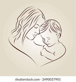 Mother and baby line art. Mom hugs the child. Motherhood and newborn concept. Happy mother line vector illustration. maternity. Child loving parents, happy mother's day design for card. mother and dau