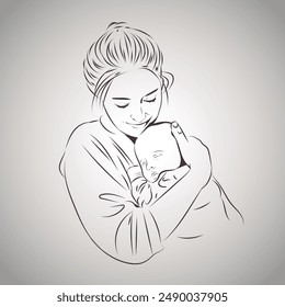 Mother and baby line art. Mom hugs the child. Motherhood and newborn concept. Happy mother line vector illustration. maternity. Child loving parents, happy mother's day design for card. mother and dau