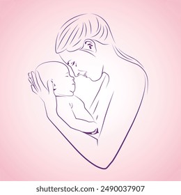 Mother and baby line art. Mom hugs the child. Motherhood and newborn concept. Happy mother line vector illustration. maternity. Child loving parents, happy mother's day design for card. mother and dau