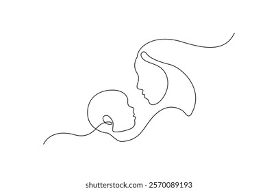 Mother and baby line art. Mom hugs child. Motherhood and newborn concept. Continuous one line drawing Woman hold her baby inside heart.Happy Mothers Day concept.