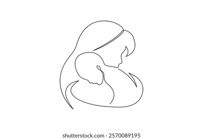 Mother and baby line art. Mom hugs child. Motherhood and newborn concept. Continuous one line drawing Woman hold her baby inside heart.Happy Mothers Day concept.