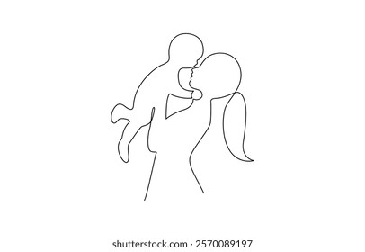 Mother and baby line art. Mom hugs child. Motherhood and newborn concept. Continuous one line drawing Woman hold her baby inside heart.Happy Mothers Day concept.