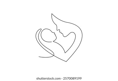 Mother and baby line art. Mom hugs child. Motherhood and newborn concept. Continuous one line drawing Woman hold her baby inside heart.Happy Mothers Day concept.