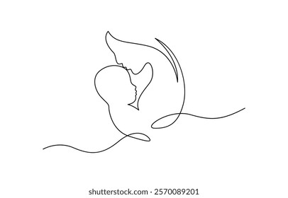 Mother and baby line art. Mom hugs child. Motherhood and newborn concept. Continuous one line drawing Woman hold her baby inside heart.Happy Mothers Day concept.