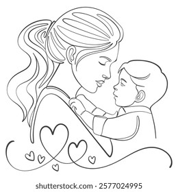 Mother and baby line art. Mom hugs child. Motherhood and newborn concept. Happy mother line vector illustration. Parent loving kid, happy mother day design for card