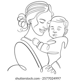 Mother and baby line art. Mom hugs child. Motherhood and newborn concept. Happy mother line vector illustration. Parent loving kid, happy mother day design for card