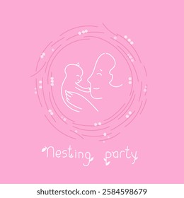 Mother and baby line art. Mom hugs child, girl. Motherhood and newborn concept. Happy mother line vector illustration. Parent loving kid, happy mother day, nesting party design for card