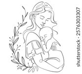 mother and baby line art style vector illustration
