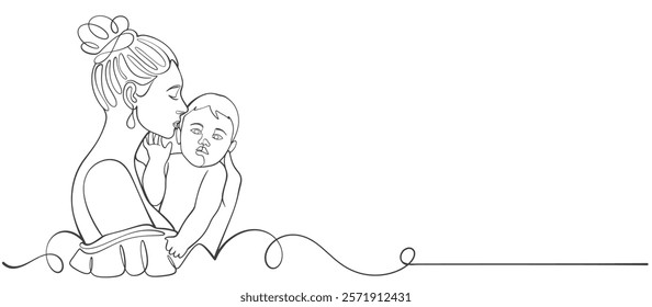 mother and baby line art style vector illustration