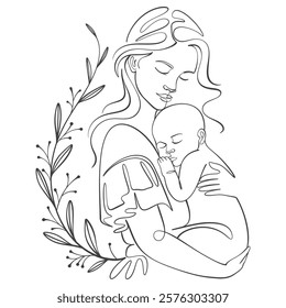 mother and baby line art style vector illustration