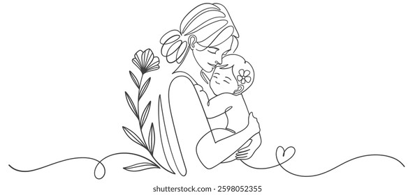 Mother and baby line art style vector illustration, mothers day celebration background