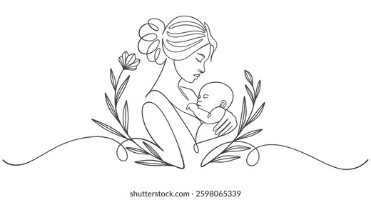 Mother and baby line art style vector illustration, mothers day celebration background