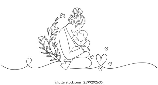 Mother and baby line art style vector illustration, mothers day celebration illustration