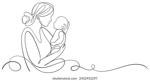 Mother and baby line art vector illustration, mothers day celebration background