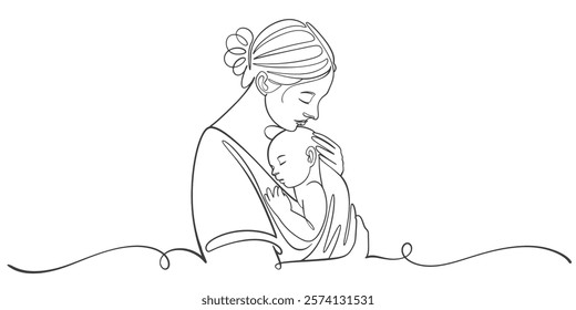 Mother and baby line art vector illustration, mothers day celebration background