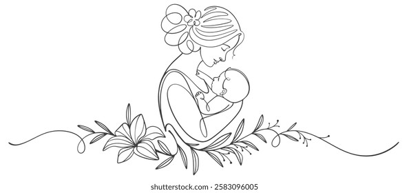 Mother and baby line art vector illustration, mothers day celebration background	